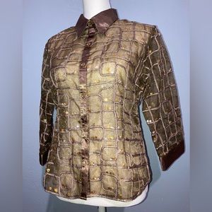 GARDY Sheer Sequin Evening Top/Blouse 3/4 Sleeve Buttondown
